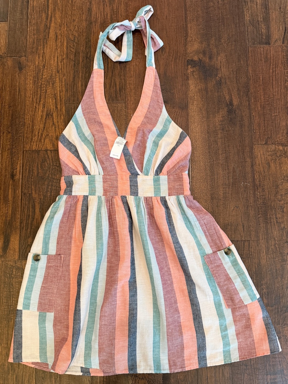 American Eagle Striped Halter Mini Dress Size L Cotton Linen Blend NWT